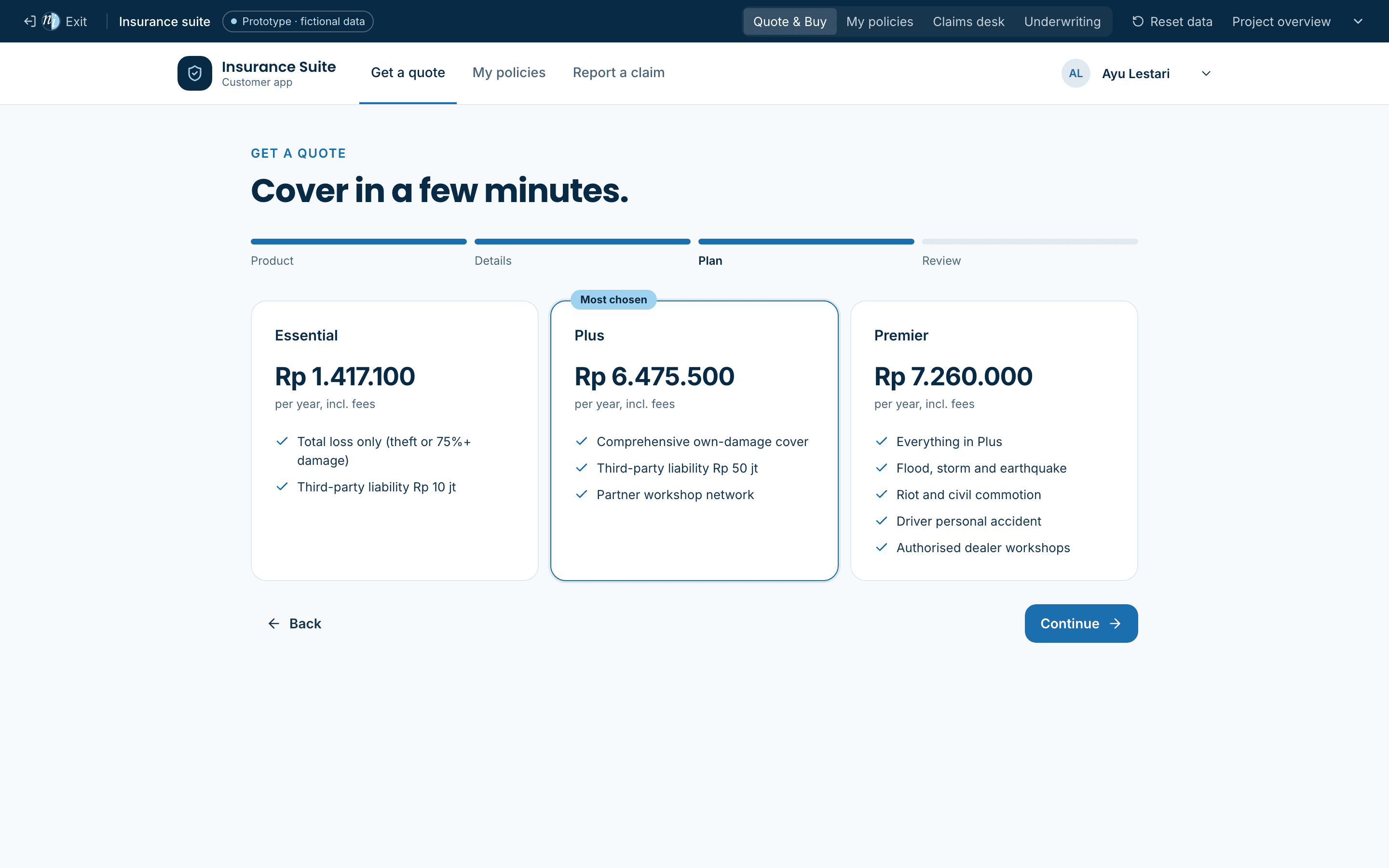 Plan comparison with live premiums for a car insurance quote